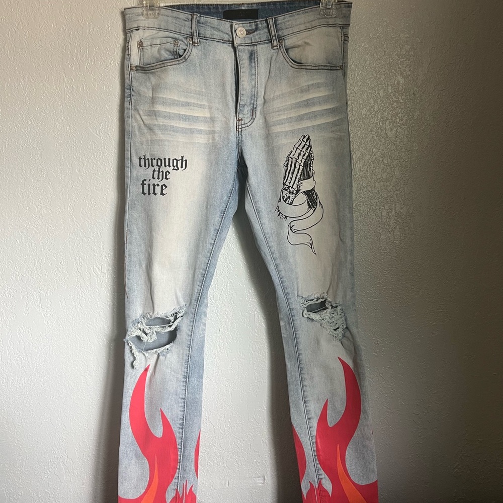 Forever 21 Light Blue Skinny Jeans with Red Flames and Black Graphics